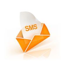 Pomarańczowa koperta z której wystaje kartka z napisem SMS