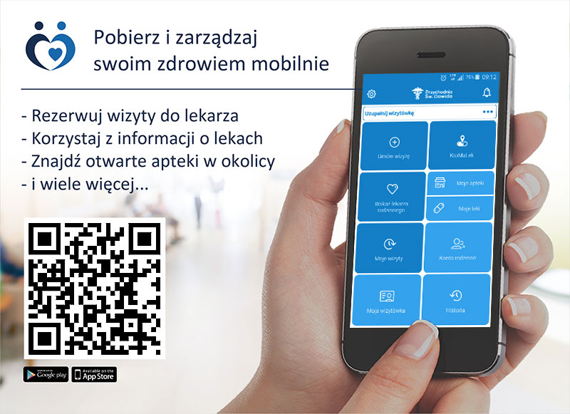Pobieraj i zarządzaj zdrowiem mobilnie. Reklama z kodem QR